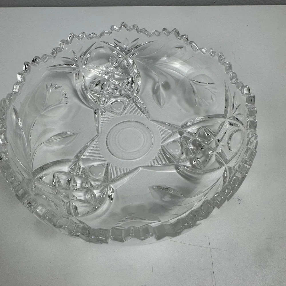 Vintage Clear‎ Cut Crystal Floral Serving Bowl Starburst Pattern Sawtooth Rim